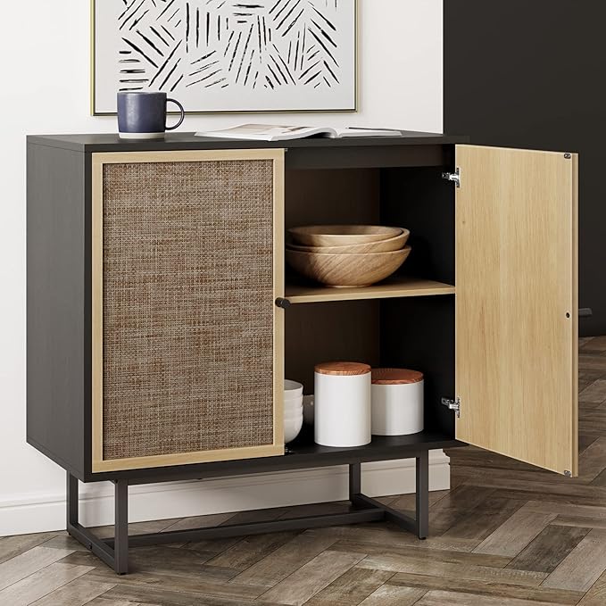 Nathan James Kova Rattan Wood Accent Sideboard Storage Cabinet TV Stand with Matte Metal Frame, Adjustable Shelves and Cane Doors, for Hallway, Entryway or Living Room, Black Oak/Cane, Set of 4