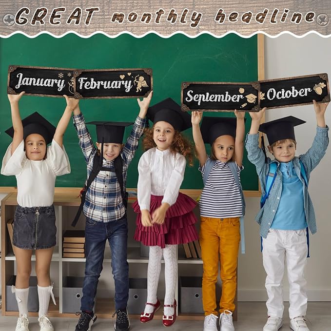 Gueevin 60 Pcs Industrial Chic Months of The Year Bulletin Board Set Holiday Monthly Headliners Employee of The Month Sign 12 Seasonal Monthly Headers for School Classroom Teacher Chalkboard Calendar