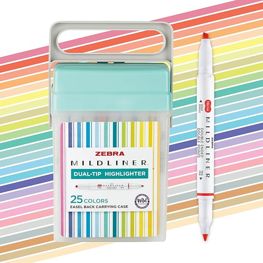 Zebra Pen Mildliner Dual-Tip Highlighter Set, Broad and Fine Tips, No Bleed, Ideal for Bible Highlighting, Journaling, School and Office Supplies, Assorted Ink in Carrying Case, 25-Pack (78025)