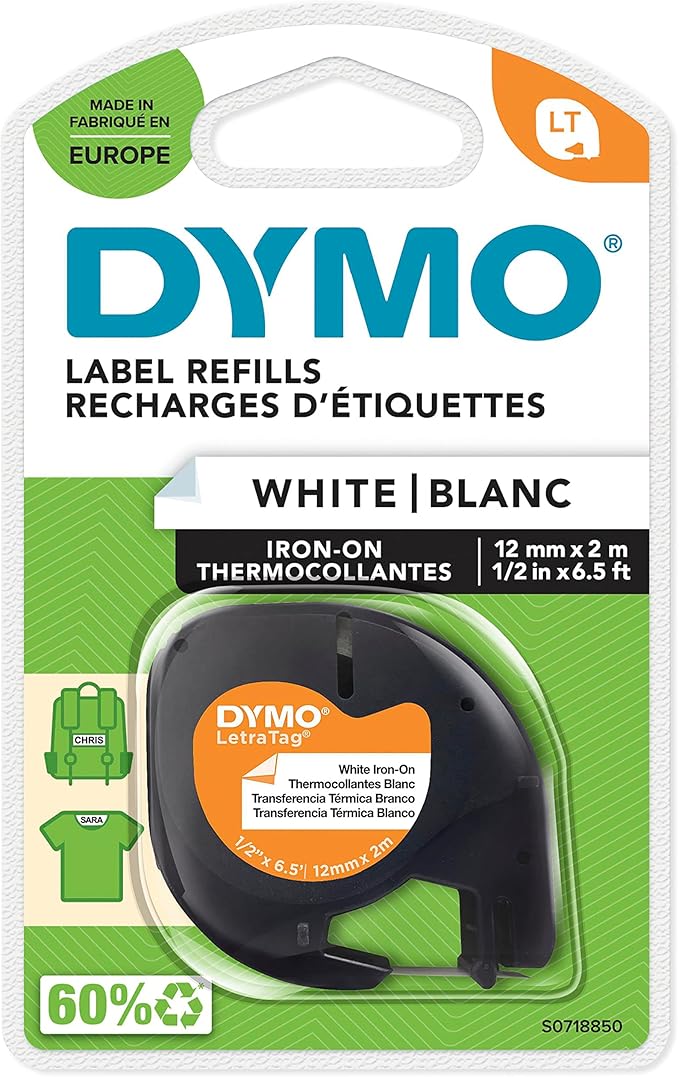 DYMO LetraTag Iron-On Fabric Labels | Authentic | 12 mm x 2 m Roll | Black Print on White | Iron-On Clothing Labels Ideal for Uniforms/Children's Clothing | for LetraTag Printers