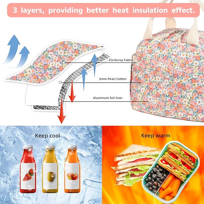 LEDAOU Lunch Box for Women Insulated Lunch Bag Corduroy Lunch Tote Bags Leakproof Cooler Lunch Case for Travel Work Picnic