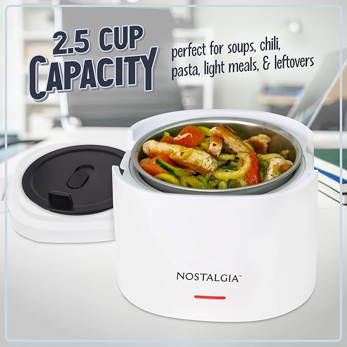 Nostalgia Portable 20-Ounce Electric Heated Lunch Box – Travel Size 2.5 Cup Capacity for Soup, Chili, and Leftovers – Leak Proof Silicone Sealed Lid, Foldable Carry Handle, Detachable Cord – White