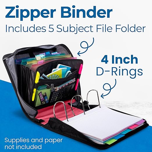 Case-it King Sized Zip Tab School Zipper Binder | 4-Inch D-Rings, 800 Sheet Capacity, 5-Subject Expanding File Folder, Multiple Pockets & Storage Organizer, Shoulder Strap | D-186 Fire Engine Red