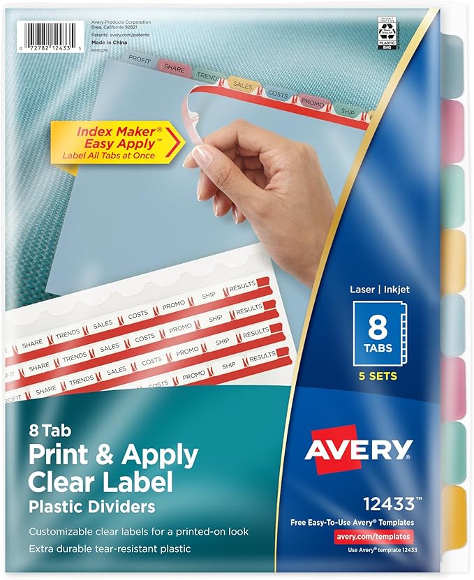 Avery 8 Tab Plastic Dividers for 3 Ring Binder, Easy Print & Apply Clear Label Strip, Index Maker Customizable Multicolor Tabs, 5 Sets (11433)