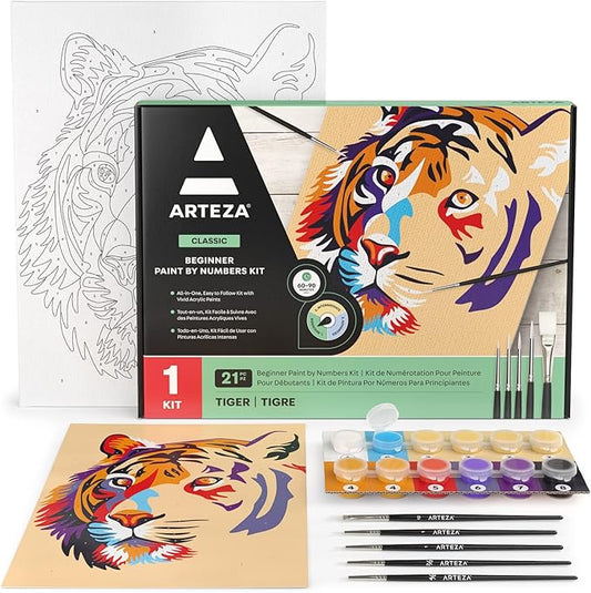 ARTEZA Paint by Numbers Kit, 12x16 Inches, 21 Pieces, Tiger Canvas Painting Kit, Canvas Panel, 12 Acrylic Paint Pots, 5 Paintbrushes, Art Supplies for a Meditative and Calming