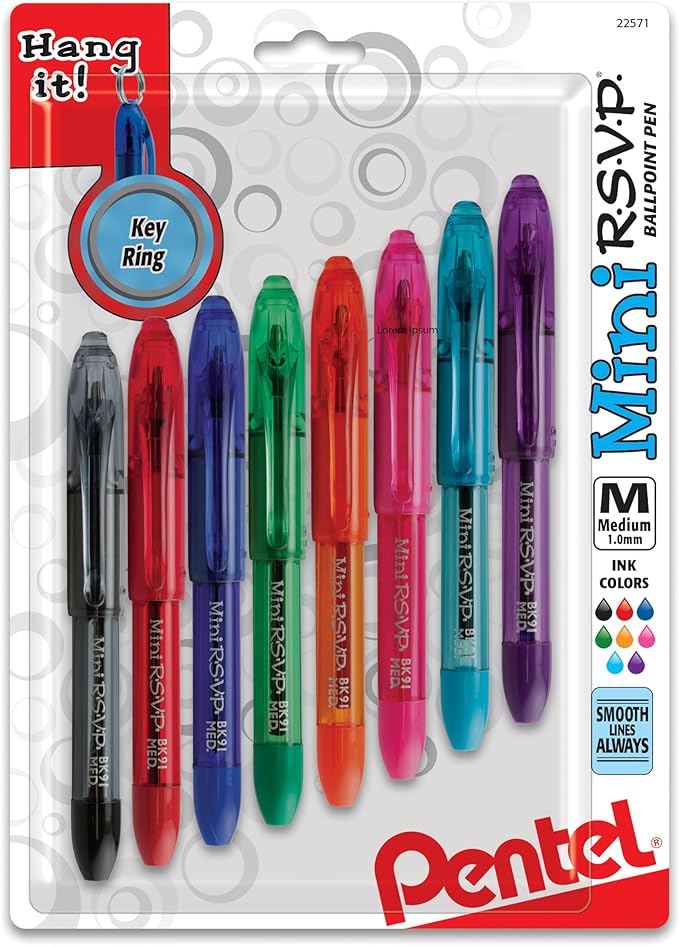 Pentel RSVP Mini Ballpoint Pen, (1.0mm) Medium Line, Assorted Ink (A/B/C/D/F/P/S/V) w/Key Ring, 8-Pk (BK91MNBP8M)