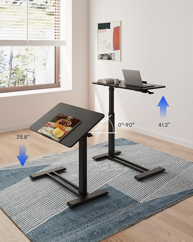 FLEXISPOT H7 PRO Mobile Standing Desk Adjustable Overbed Table Pneumatic with Wheels 90°Tiltable Portable Laptop Desk Rolling Computer Cart Foldable Bedside Table(31.5" W x 17.7" D D, Black)
