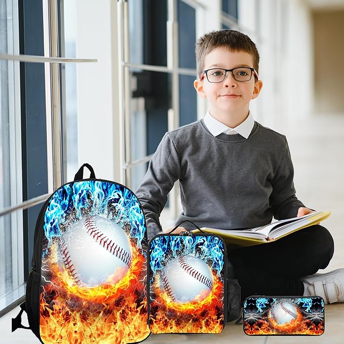 3PCS Baseball Backpack Set for Boys, Lightweight Large Backpack with Lunch Box & Pencil Case, Cool Sport Bookbag for Kids, Back to School Backpacks for Elementary & Middle School - 01
