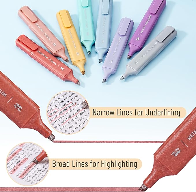 Mr. Pen- Glitter Highlighters, 8Pack, Metallic Colors, Chisel Tip Aesthetic Highlighters, Cute Markers