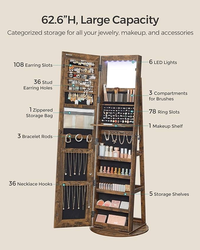 SONGMICS LED Jewelry Cabinet Standing, Lockable Armoire With Full-Length Mirror and Adjustable Lights, Space-Saving Organizer, Gift Idea, Rustic Brown UJJC008X01