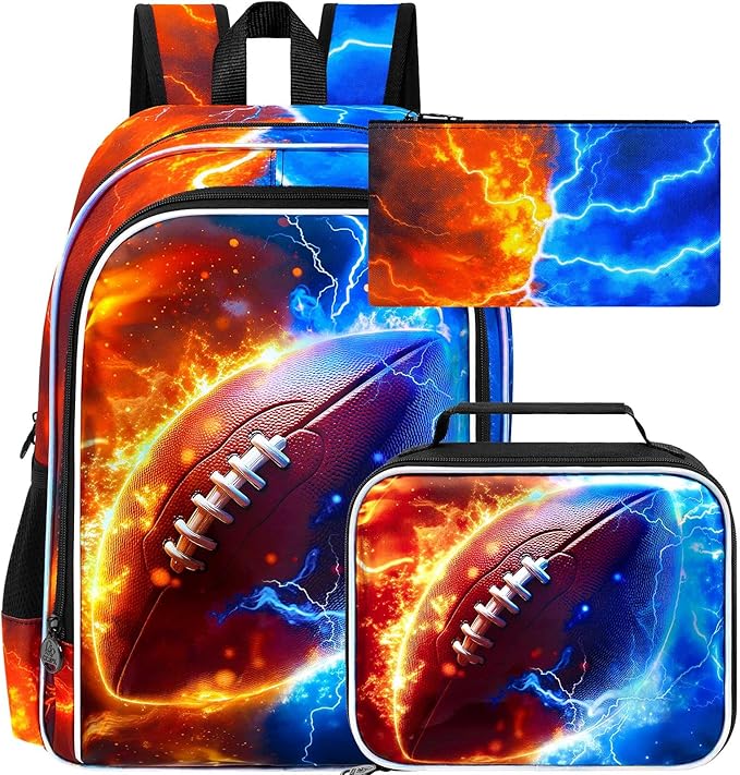 gxtvo 3PCS Boys Rugby Bookbag, 17" Kids Backpack with Lunch Box, Water Resistant Middle Elementary School Bag - Fire & Lightning Rugby