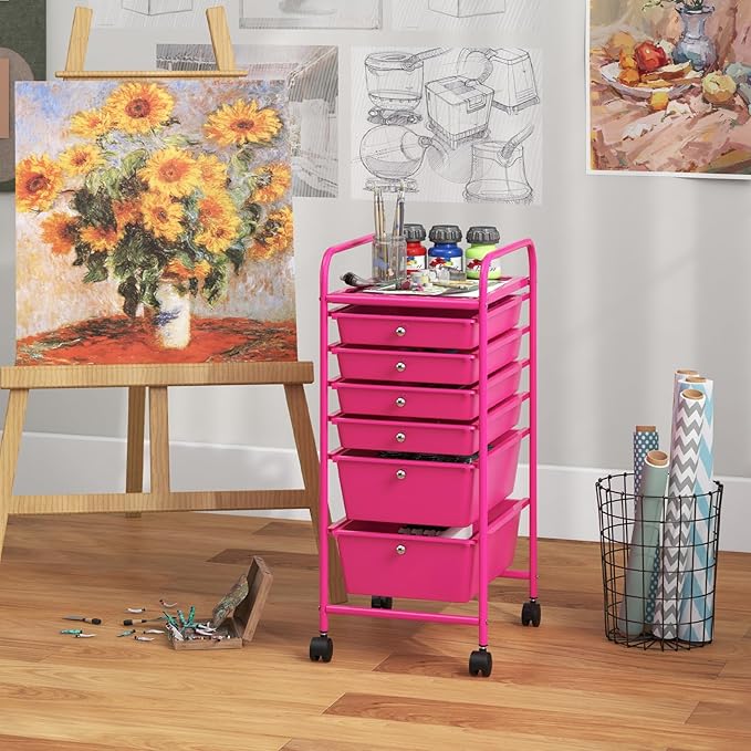 COSTWAY 6-Drawer Rolling Storage Cart, Multifunctional Art Craft Tools Organizer on Wheels, Heavy Duty Utility Mobile Storage Trolley w/ 2 Lockable Wheels for Home Office School, Hot Pink