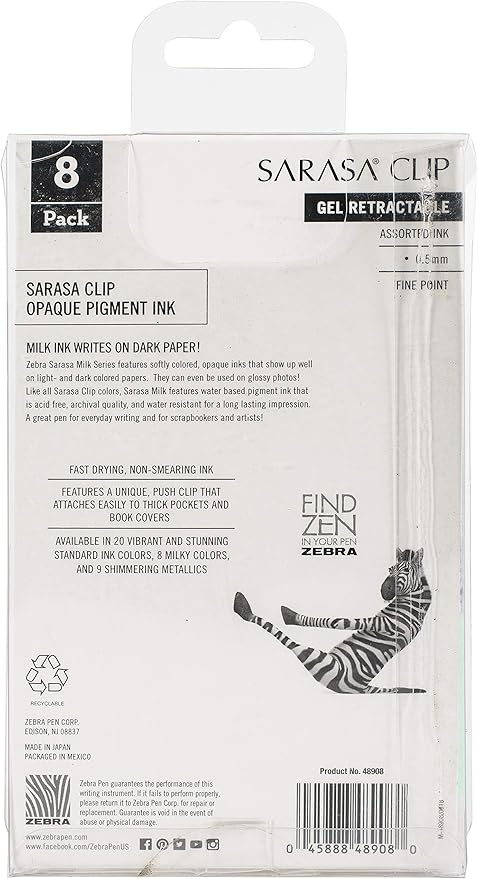 Zebra Pen Sarasa Clip Retractable Gel Pen, 0.5mm Fine Point, Assorted Milk Colors, Ideal for Office and School, Journal, Note Taking and Planner Use, 8-Pack (48908)