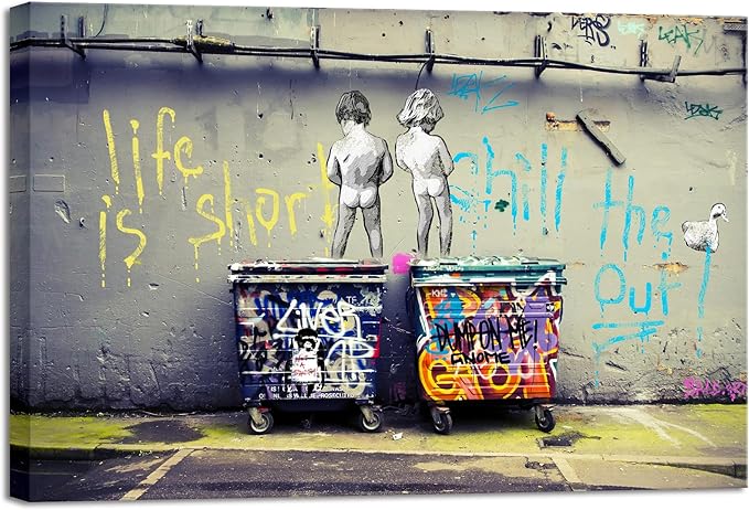 Wieco Art Gallery Wrapped Canvas Prints Life is Short Chill the Duck Out Banksy Boys Artwork Reproduction Graffiti Poster Print on Canvas Wall Art for Bedroom Home Kitchen Decorations