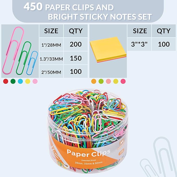 NEEWAY 450pcs Paper Clips Assorted Sizes with 100 Sheets Sticky Notes Set, Colored Paperclips for Office Document Organizing