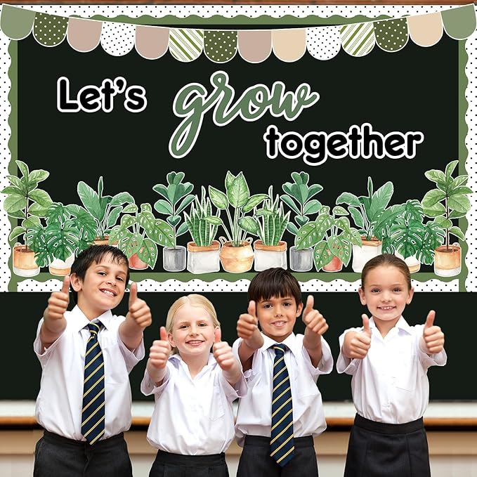 Spring Greenery Classroom Bulletin Board Decorations Potted Plant Bulletin Board Set Motivational Let’s Grow Green Leaves Cutouts for Wall Decor Elementary Back to School Teacher Supplies