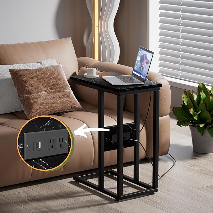 VECELO C Shaped End Table with Charging Station & Power Outlets, Quick Access Side Table for Sofa, C Bedside for Living Room Bedroom 2 Set,Black Marble