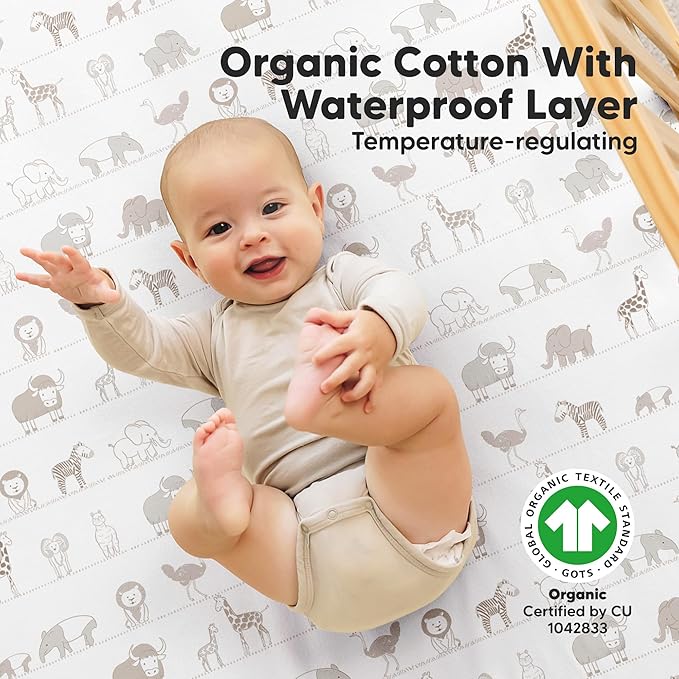 2-Pack Waterproof Crib Sheets for Boys, Girls - 52x28 Fitted Organic Cotton Baby Crib Sheets, Toddler Mattress Protector Cover, Washable, Soft & Durable Baby Bedding Essentials (Foxtrot)