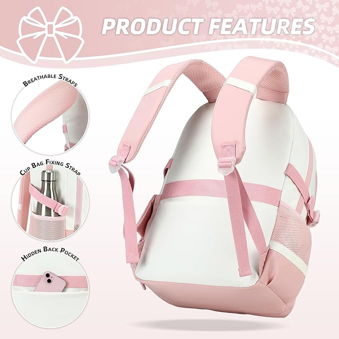 School Backpack for Girls 3PCS Nylon Kids Backpack Set with Lunch Box & Pencil Pouch, Cute Lightweight Teen Girls School Bag Laptop Bag Travel Daypack for Elementary Middle High School Beige Pink