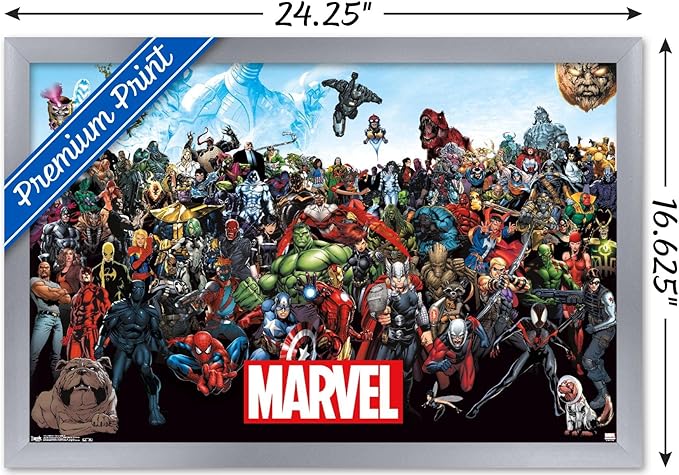 Marvel Comics The Marvel Lineup Wall Poster, 22.4L" x 14.7W", Silver Framed Version