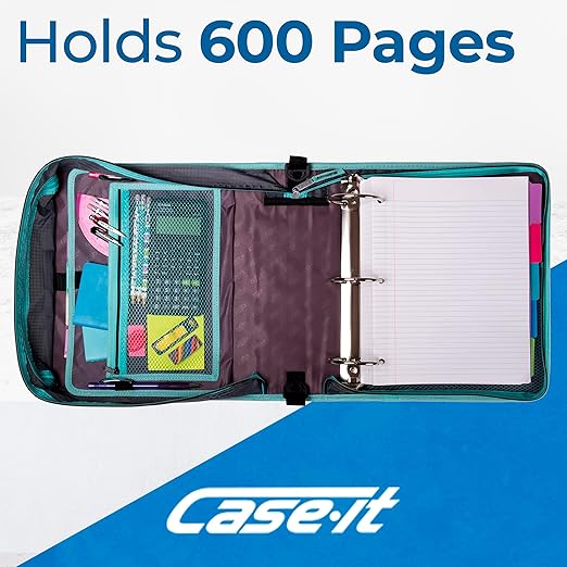 Case-it Mighty Zip Tab School Zipper Binder | 3-Inch O-Rings, 600-Sheet Capacity, 5-Subject Expanding File Folder, Multiple Pockets & Storage Organizer, Shoulder Strap | D-146 Aqua Iridescent Pastel