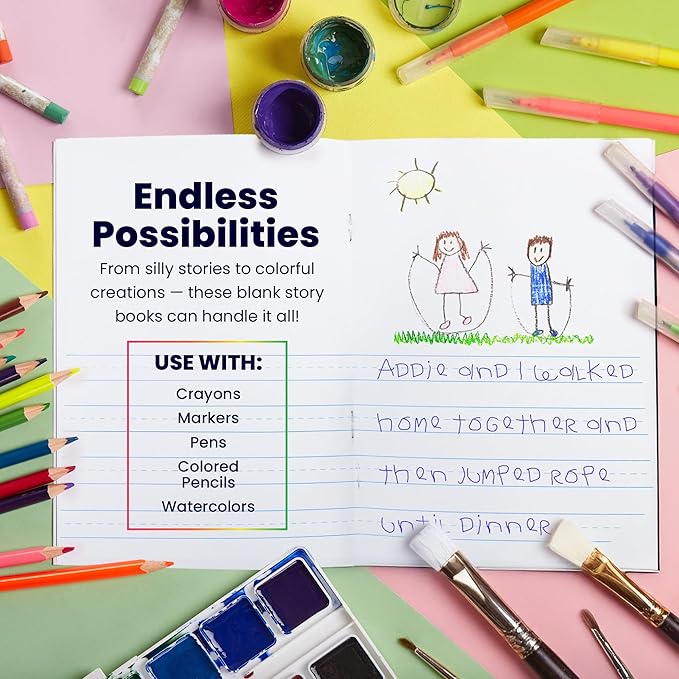 Hygloss Half Blank Books for Kids to Write Stories and Illustrate – Bulk 48 Pack – 5.5" x 8.5" A5 – Small Primary Journal for Grades K-2, Preschool/Kindergarten Notebook with Picture Space – 24 Pages