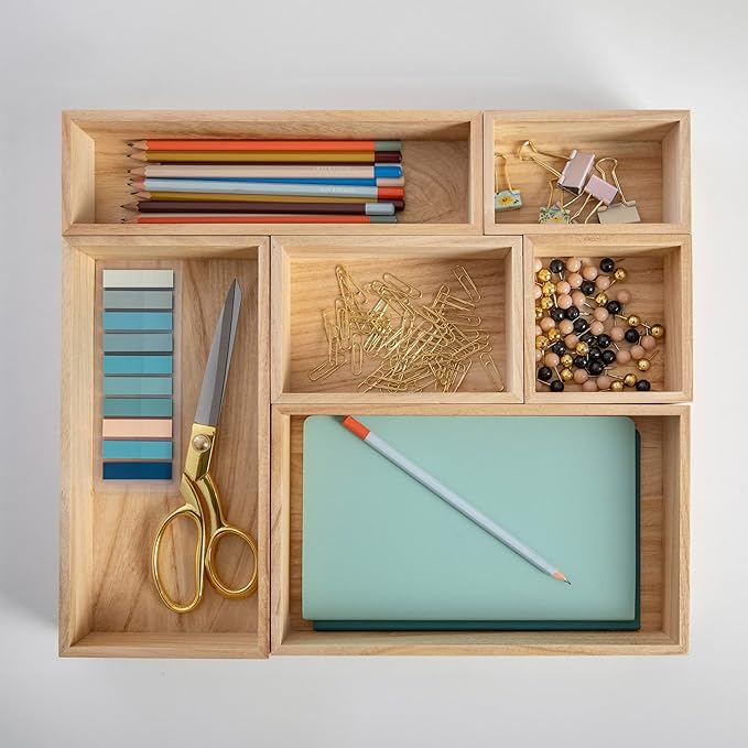 Martha Stewart Enzo Wooden Desk Drawer Organizer Set, Paulownia Wood Organizers in Various Sizes, 6 Piece, Light Natural