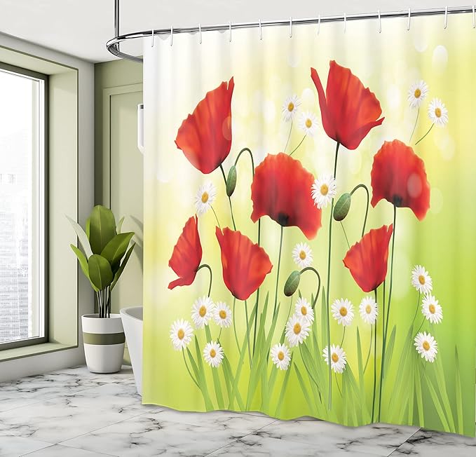 Ambesonne Poppy Flower Shower Curtain, Spring Environment with Poppies and Daisies on Grass Flourishing Nature, Cloth Fabric Bathroom Decor Set with Hooks, 69" W x 75" L, Red Green