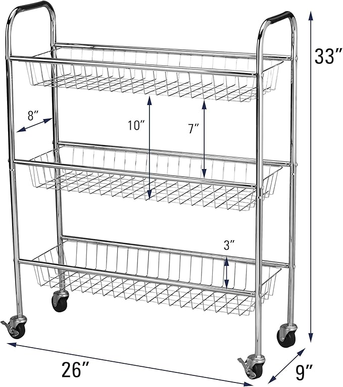 Household Essentials 3-Tier Slim Storage Cart, Heavy-Duty Steel Frame, Smooth Casters with Locks, Chrome-Like Powder Coat Finish, Arched Handles, Easy to Assemble, Modern, Compact, Silver