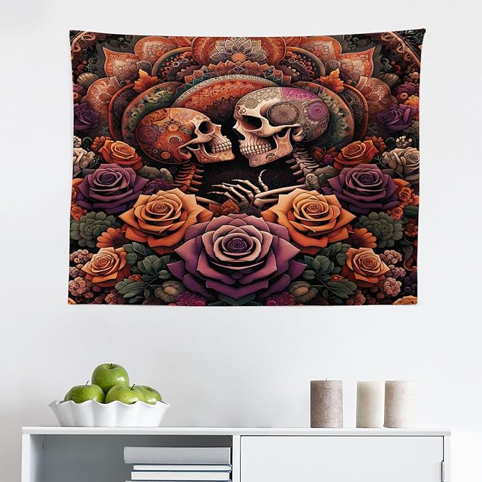 Ambesonne Hippie Tapestry, Mystic Rose Flowers and Oriental Mandala Skeleton Lovers Goth Art Skulls, Fabric Wall Hanging Decor for Bedroom Living Room Dorm, 28" X 23", Vermilion Dark Magenta