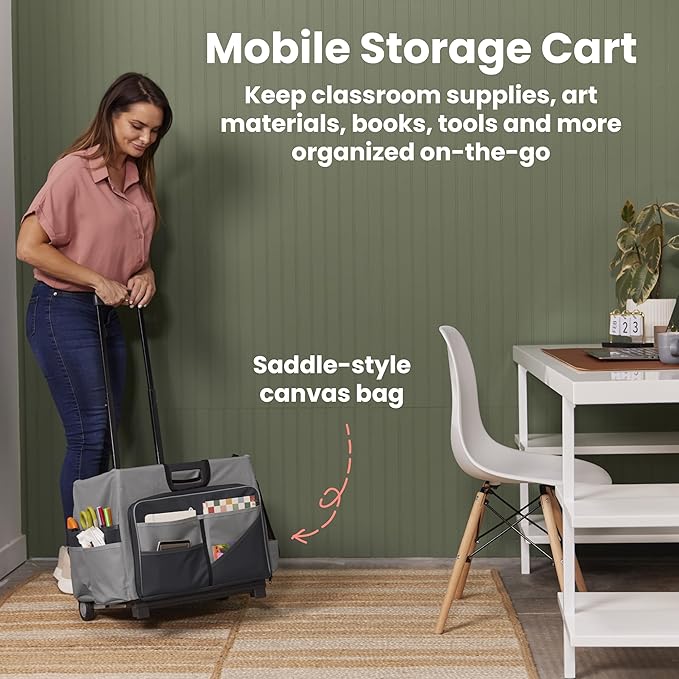 ECR4Kids Universal Rolling Cart with Canvas Organizer Bag, Mobile Storage, Black/Grey