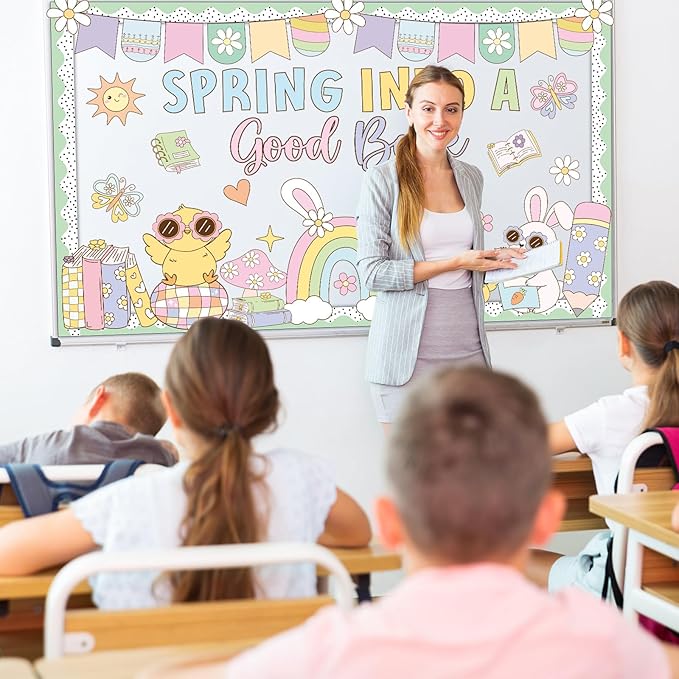 Spring Reading Bulletin Board Decorations Easter Spring into A Good Book Bulletin Board Set Pastel Chick Bunny Rainbow Books Cutouts for School Library Classroom Chalkboard Wall Party Decor Supplies
