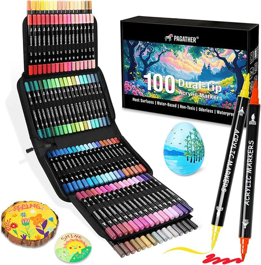100 Colors Acrylic Paint Markers, Dual Tip with Fine Tip and Brush Tip Pens for Stone, Wood, Calligraphy, Canvas, Ceramic, Metal, Glass, Rock Painting, DIY Crafts Art Supplies Kit