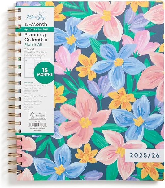 Blue Sky 15 Month Weekly and Monthly Academic Year Planner Calendar, April - June, Hard Cover, Wirebound, Laminated Tabs, Storage Pocket, Includes Snap-in Ruler w/Sticky Notes & Sticker Sheet (Nerina- 2025/2026, 8.5" x 11")