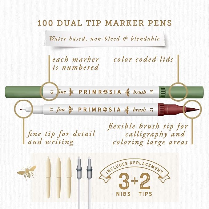 Primrosia 100 Dual Tip Marker Pens, Christmas Edition Gift Box. Fine & Brush Tip Set for Journaling, Calligraphy, Colouring, Sketching & Drawing. Artist Pens in Designer House Keepsake Box