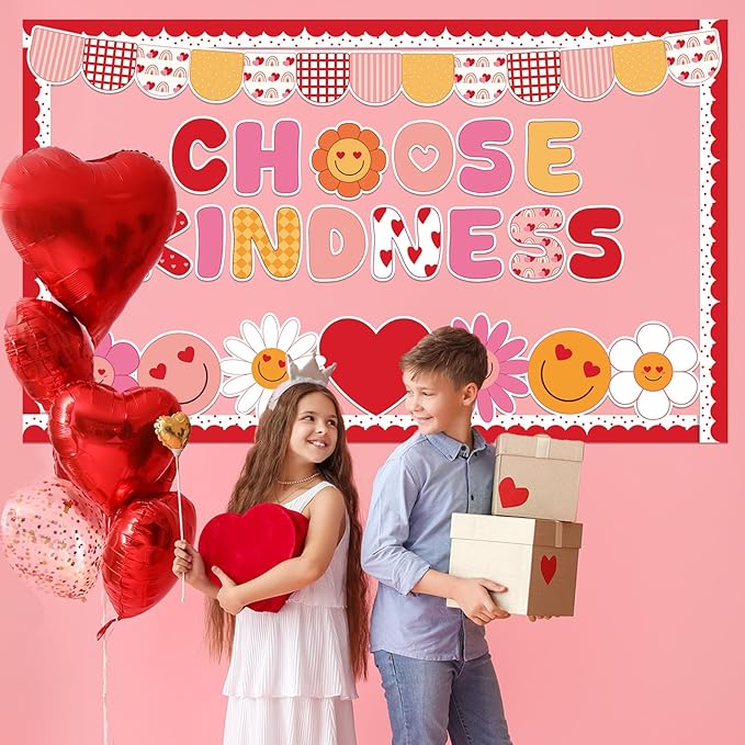 Valentine's Day Kindness Classroom Bulletin Board Decoration Set Heart Smile Face Cutouts with Borders for Valentine's Day Nursery Chalkboard Wall Decor