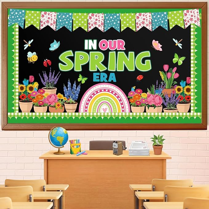 52 Pcs Spring Flower Bulletin Board Decorations Set Spring Floral Classroom Decorations Rainbow Insect Butterfly Bulletin Board Paper Cutouts for School Classroom Office Home Wall Decor
