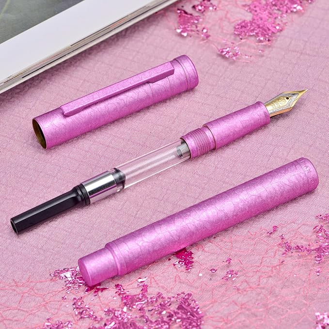 Hongdian 1851 Forest Fountain Pen Pink Ice Flowers, Medium Nib Classic Design with Converter and Metal Pen Case