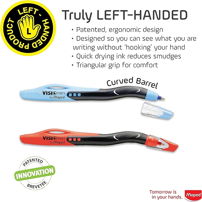 Maped - Visio Left-Handed Quick-Drying Ballpoint Pen - 3 Pack - Writing Notes - Left-Handed Design - Curved Barrel for Visibility - Quick-Drying Ink, Comfortable Grip, Versatile Colors