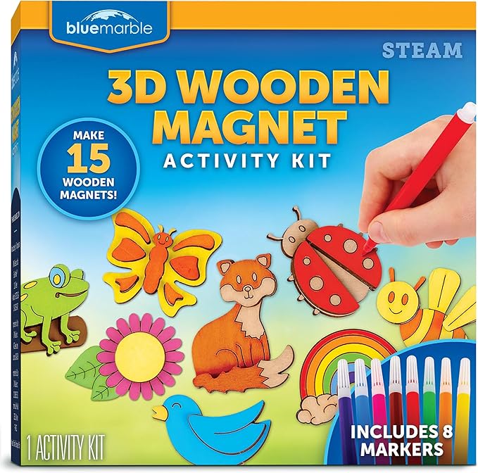 Blue Marble Wooden Magnet Craft Kit - Create & Paint 15 Nature-Themed Magnets with 8 Watercolor Pens, Magnet Art Kit, DIY Magnets for Kids, Magnet Arts and Crafts, Magnet Painting Kit for Kids