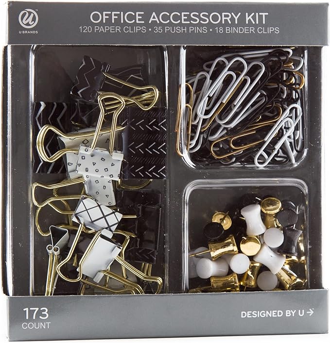 U Brands Office Accessory Kit, Office Supplies (Black, White and Gold)