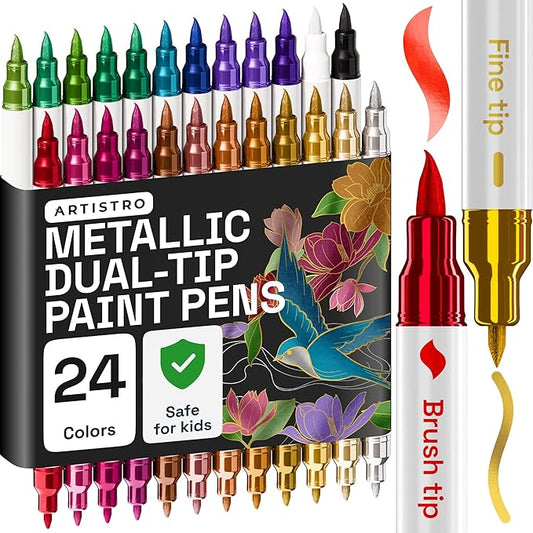 ARTISTRO 24 Metallic Acrylic Paint Markers - Paint Pens for Calligraphy, Brush + Fine Tips - Vision Board Supplies - Kit for Scrapbooking and Journaling - Art Supplies for Adults, Teens, Kids