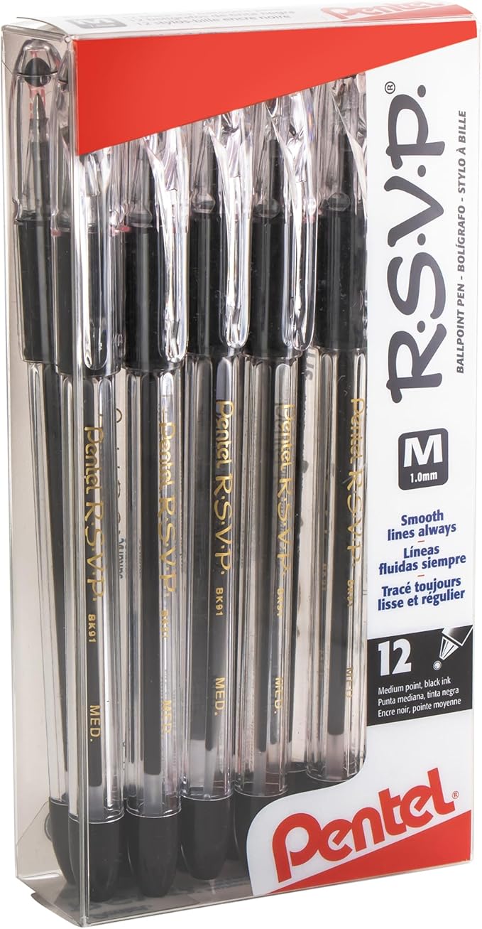 Pentel RSVP Ballpoint Pen,(1.0mm),Medium Line,Black Ink,(BK91PC12A),12 Count (Pack of 12)