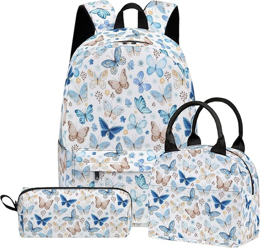 Butterfly 3PCS Backpack Set for Teens Elementary Middle High School, 17 Inch Lightweight Classic Bookpack 3 in 1 Set for Girls Boys, Kids Back to School Backpack with Lunch Box Pencil Case