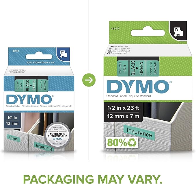 DYMO Standard D1 Labeling Tape for LabelManager Label Makers, Black Print on Green Tape, 1/2'' W x 23' L, 1 Cartridge (45019)