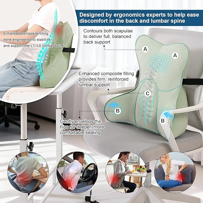 Ergonomic Lumbar Support Pillow(Pat. Pend) – Multi-Functional Back Cushion with Firm Support for Reading, Working & Driving,Celadon Green