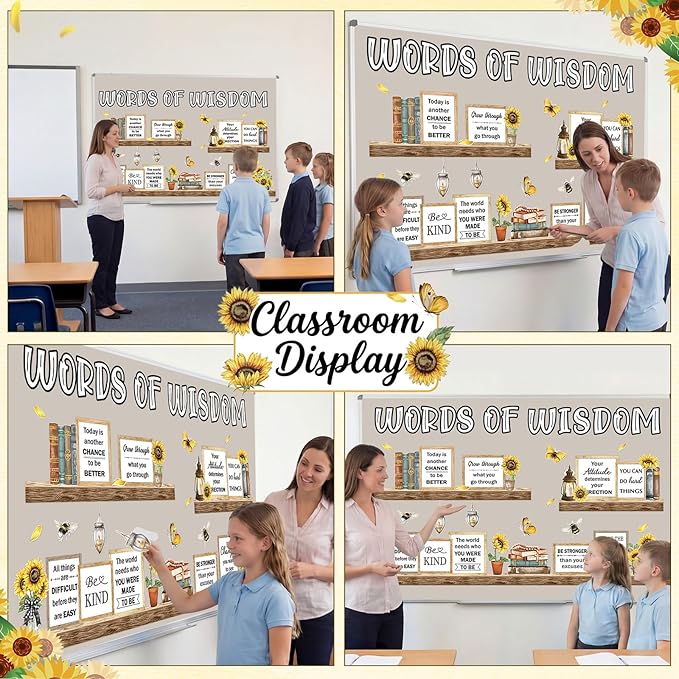 Qilery Sunflower Bulletin Board Decorations Set - Rustic Farmhouse Classroom Decor with Inspirational Quotes Cutouts, Motivational Wall Art for Teachers, Preschool, Library & Spring School Supplies