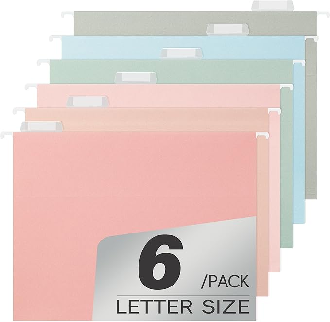 Hanging File Folders Letter Size,Pastel Colors,6 Pack Hanging File Folders with 1/5-Cut Tabs,Heavy Duty 1 Inch Expansion,Stay Organized for Your Home and Office Bulk File,Documents and Paper