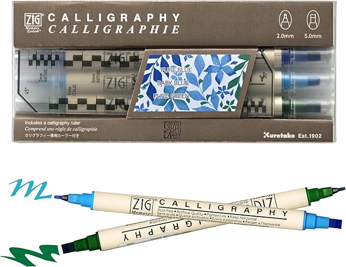 Kuretake Zig Calligraphy Dual Tip Marker Pens 3 colors set, BlueGreen, 2mm, 5mm, Double Tip, for Art, Sketch, illustration, Calligraphy, Journal, Drawing, Made in Japan