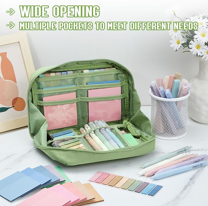Jutom 39 Pcs Aesthetic Book Annotation Kit Highlighter with Pencil Case Bag Gel Pen Transparent Sticky Note Taking Bible Study College School Supplies(Green,Kawaii Style)